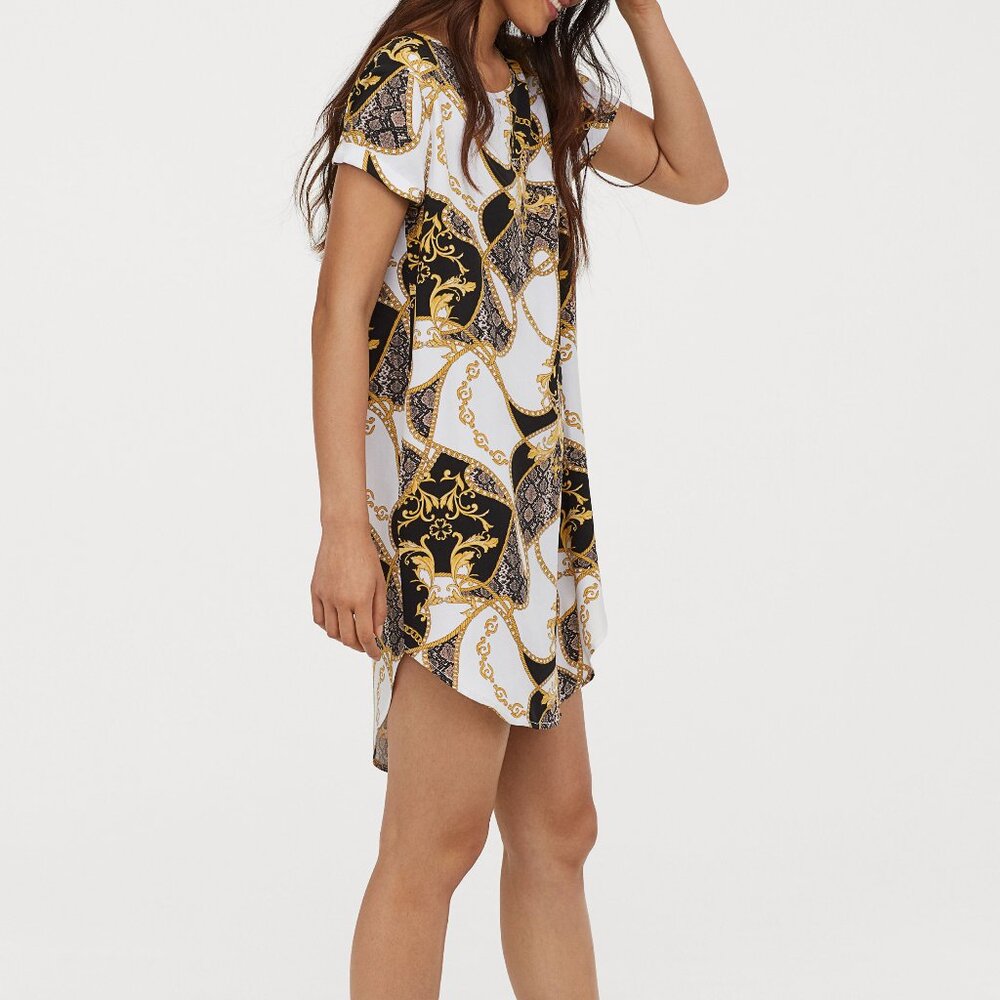 HM Divided Viscose T-shirt Dress, White/paisley-patterned Size XL